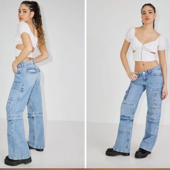 GARAGE Low Rise Wide Leg Cargo Jean - Ronnie Blue - Picture 1 of 6